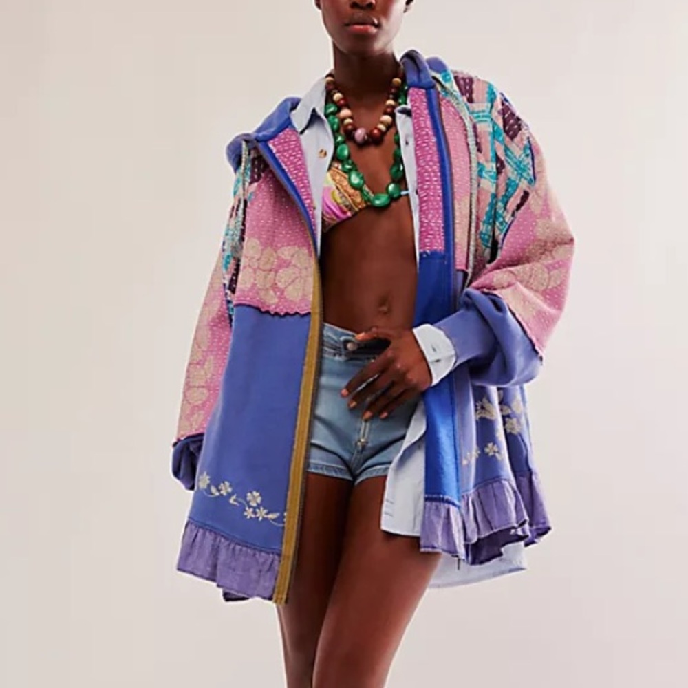 Free People Mixed Media Ryder Cardi Jacket Patchwork Pink Blue Purple MED